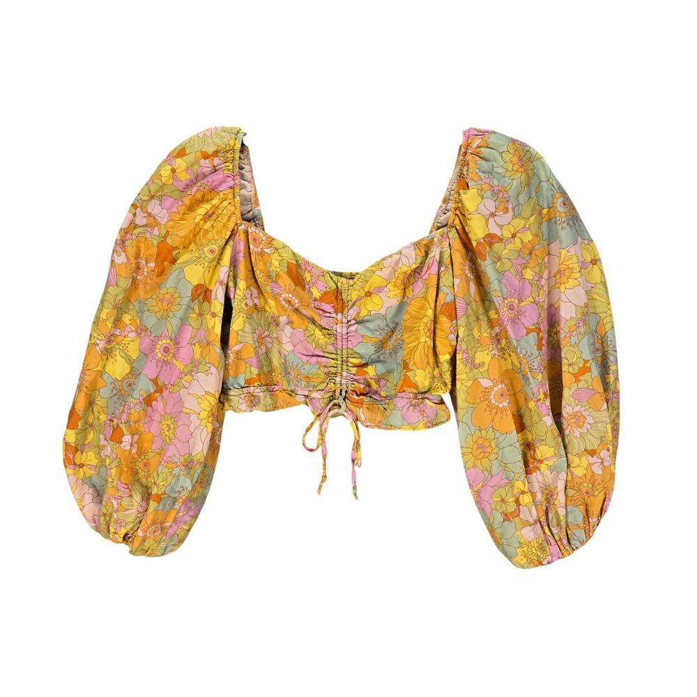 Show Me Your Mumu Jenna Retro Floral Puff Sleeve Crop Top Yellow Pink Orange M